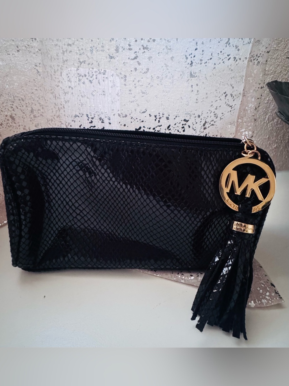 Michael Kors Black Snake-Embossed Tassel Charm Wristlet/ Cosmetic Bag NWT